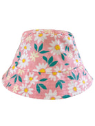 Pink bucket hat covered in white daisies and green leaves, perfect for sunny days and stylish outings.