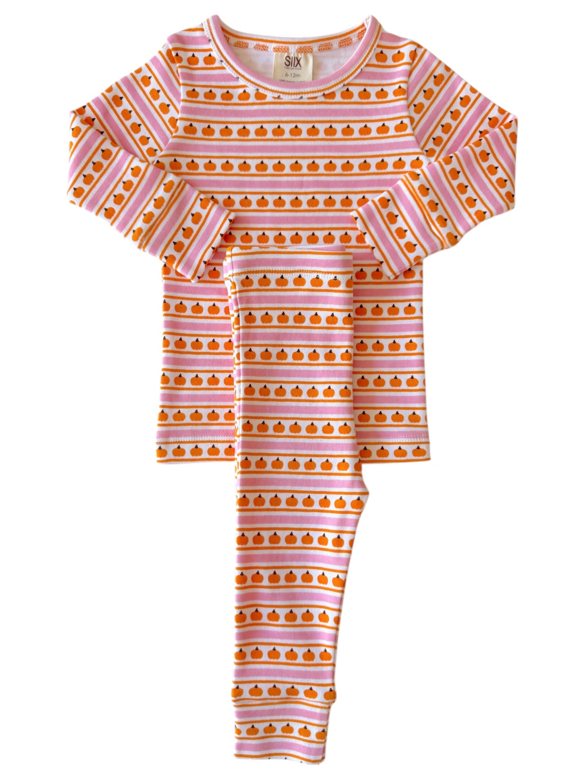 Pink and orange striped pajamas featuring small pumpkin patterns for infants.