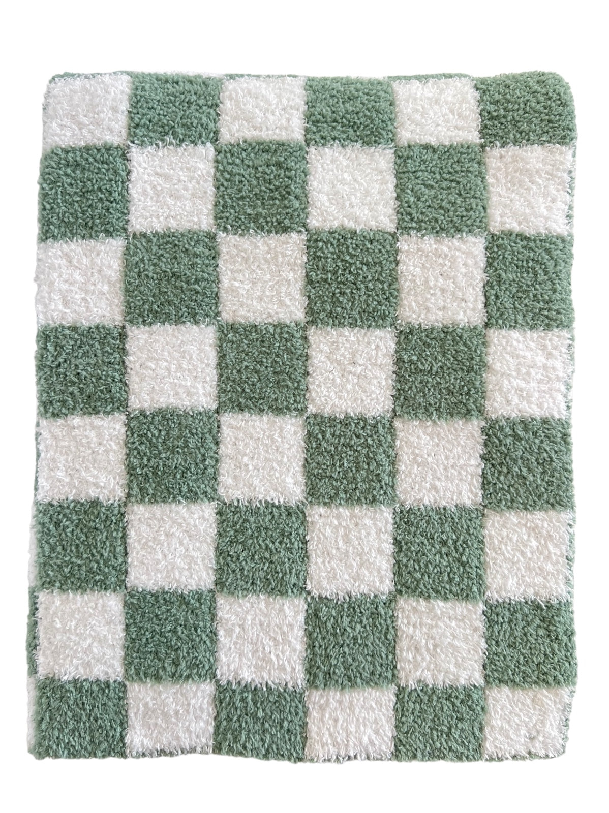 Green and white checkered plush rug with a soft texture. Ideal for home decor.
