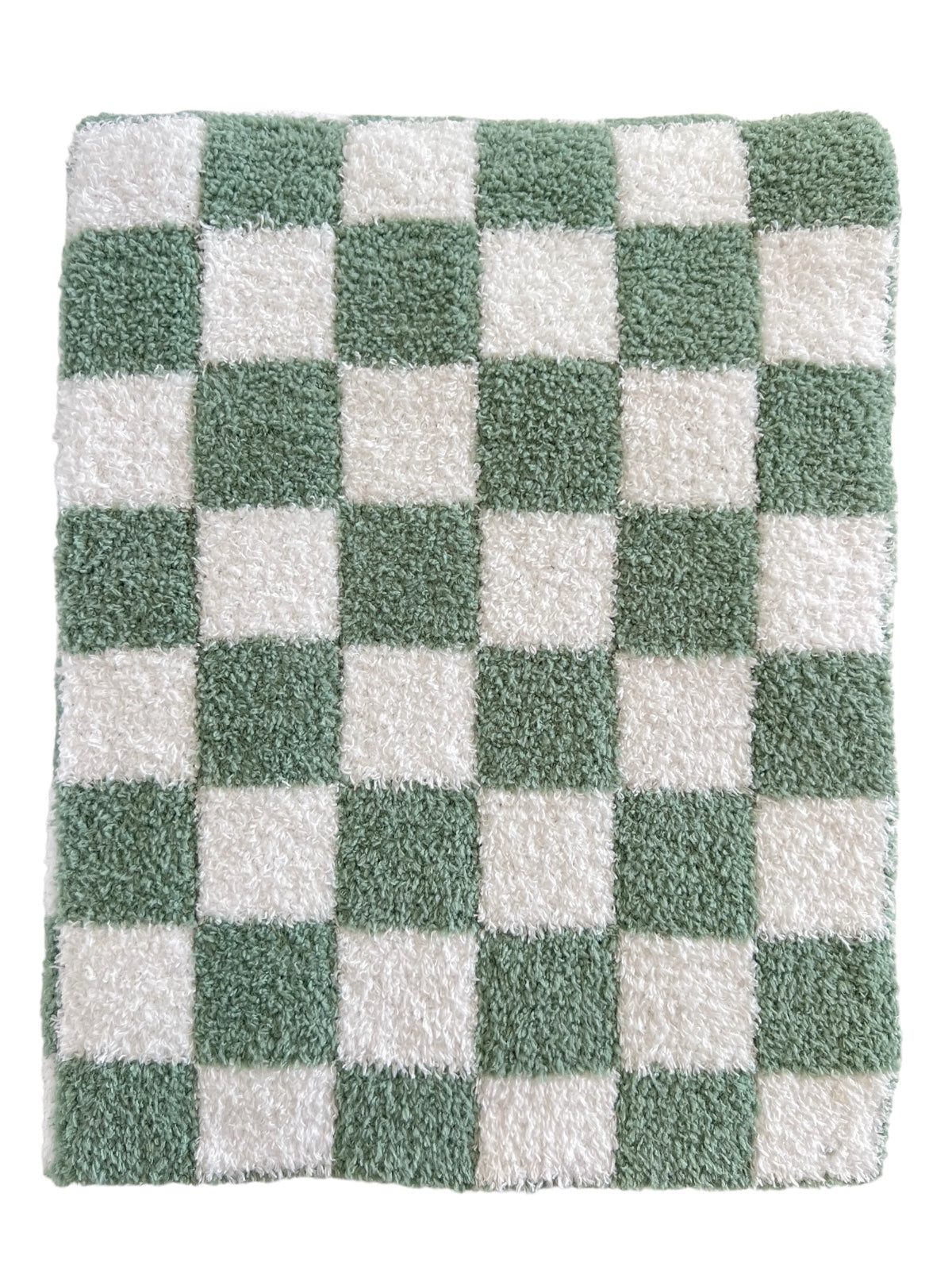 Green and white checkered plush rug with a soft texture. Ideal for home decor.