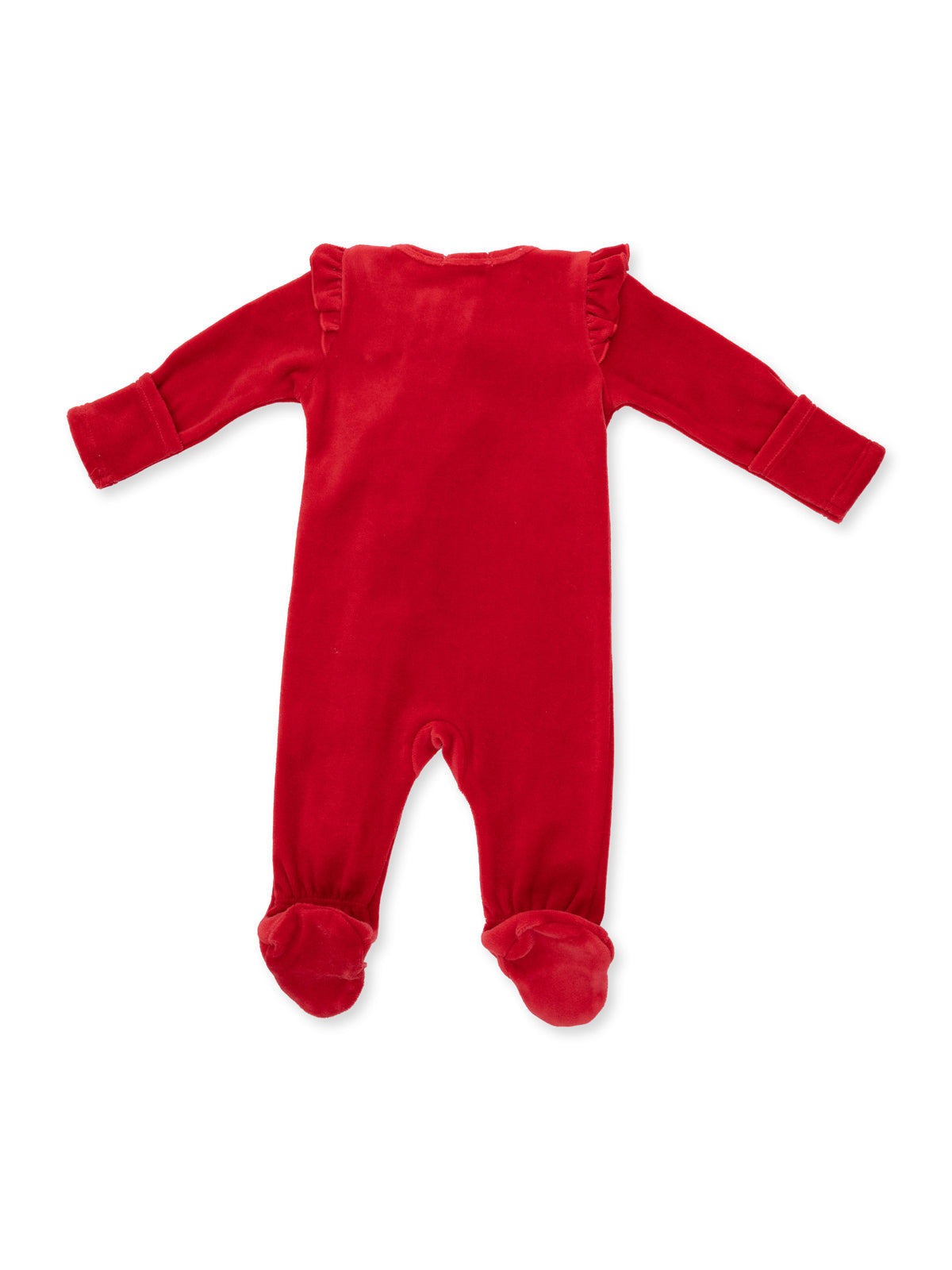 Red velvet baby onesie with ruffled shoulders and footed design, viewed from the back.
