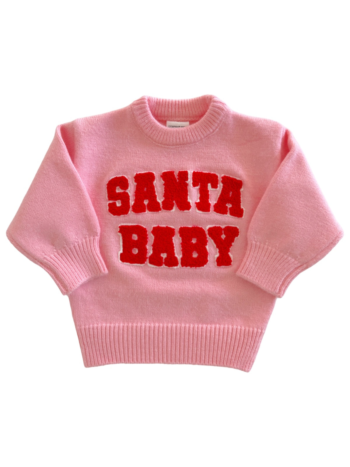 Pink sweater with red "SANTA BABY" text, featuring a cozy design suitable for festive occasions.