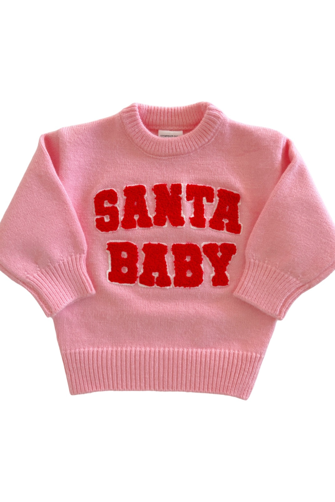 Pink sweater with red "SANTA BABY" text, featuring a cozy design suitable for festive occasions.