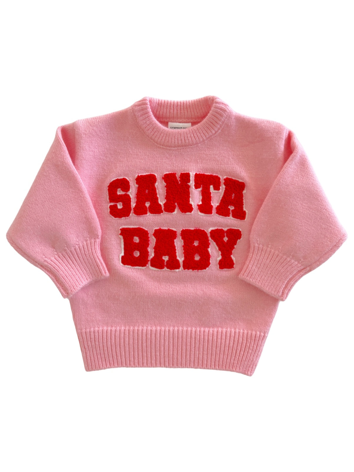 Pink sweater with red "SANTA BABY" text, featuring a cozy design suitable for festive occasions.
