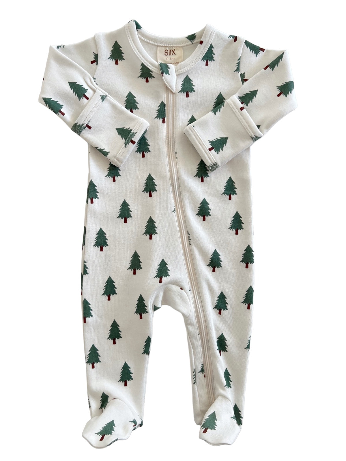 White baby onesie with green Christmas tree print and front zipper, suitable for newborns up to 3 months.