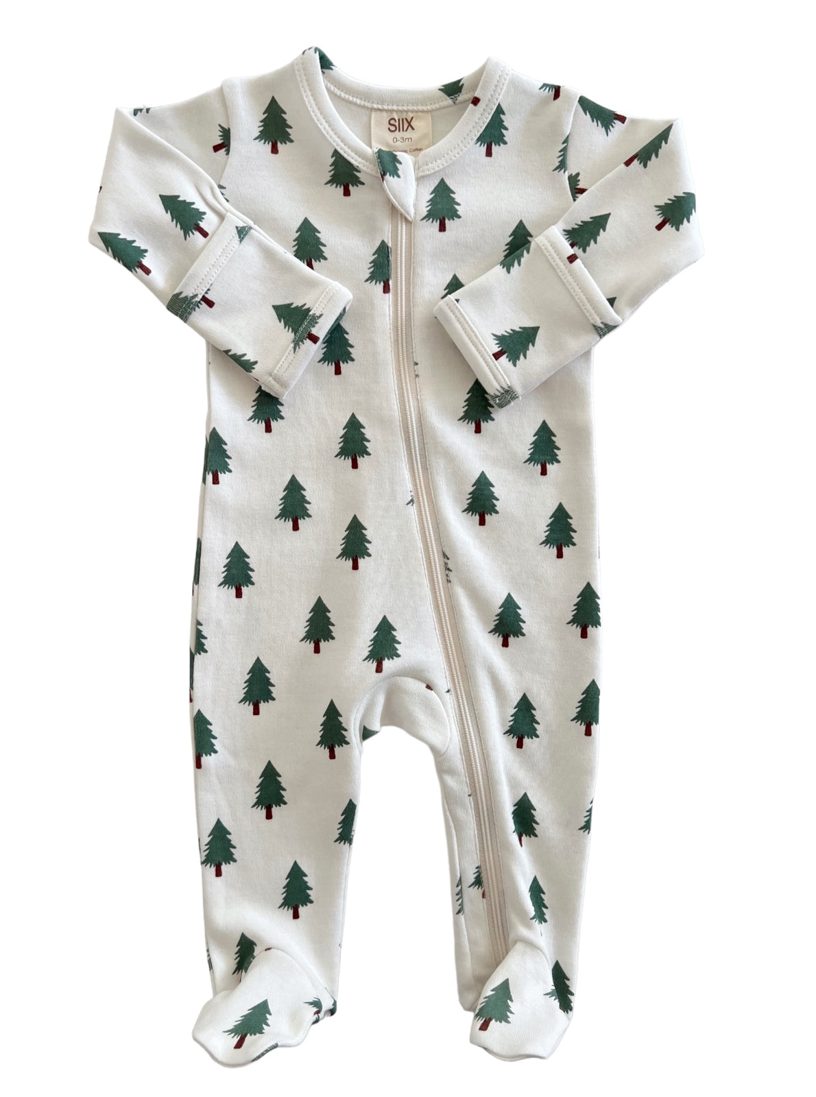 White baby onesie with green Christmas tree print and front zipper, suitable for newborns up to 3 months.