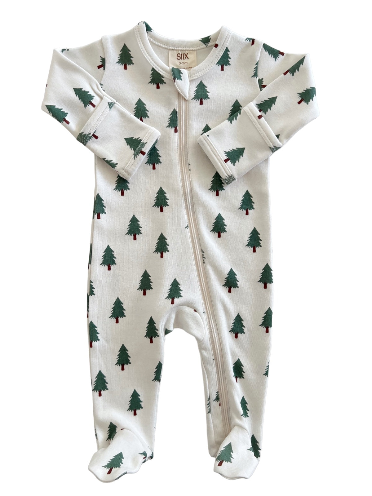 White baby onesie with green Christmas tree print and front zipper, suitable for newborns up to 3 months.