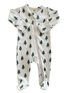White baby onesie with green Christmas tree print and front zipper, suitable for newborns up to 3 months.