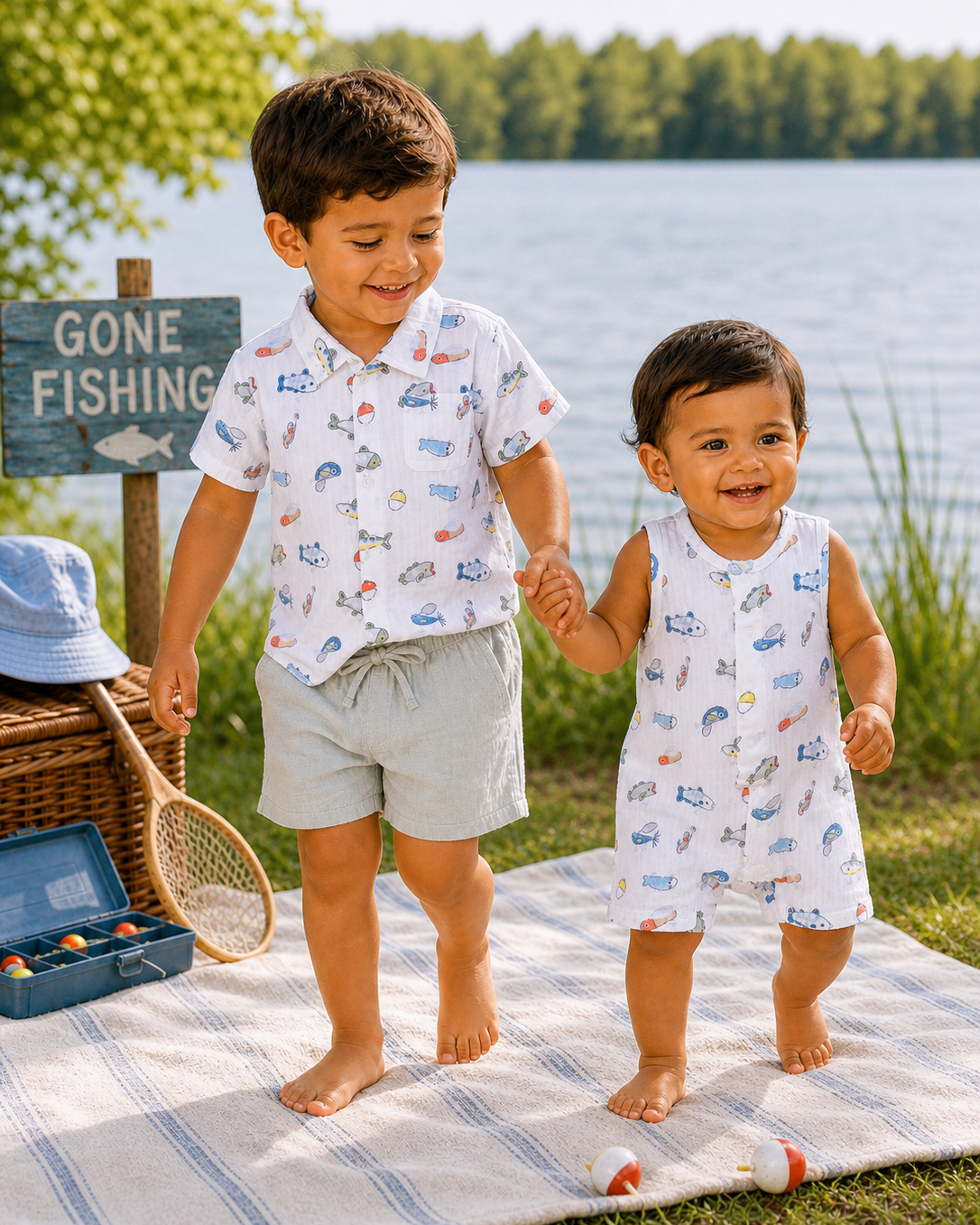 Two young children joyfully walking by a lake, wearing matching playful outfits, next to a "Gone Fishing" sign.
