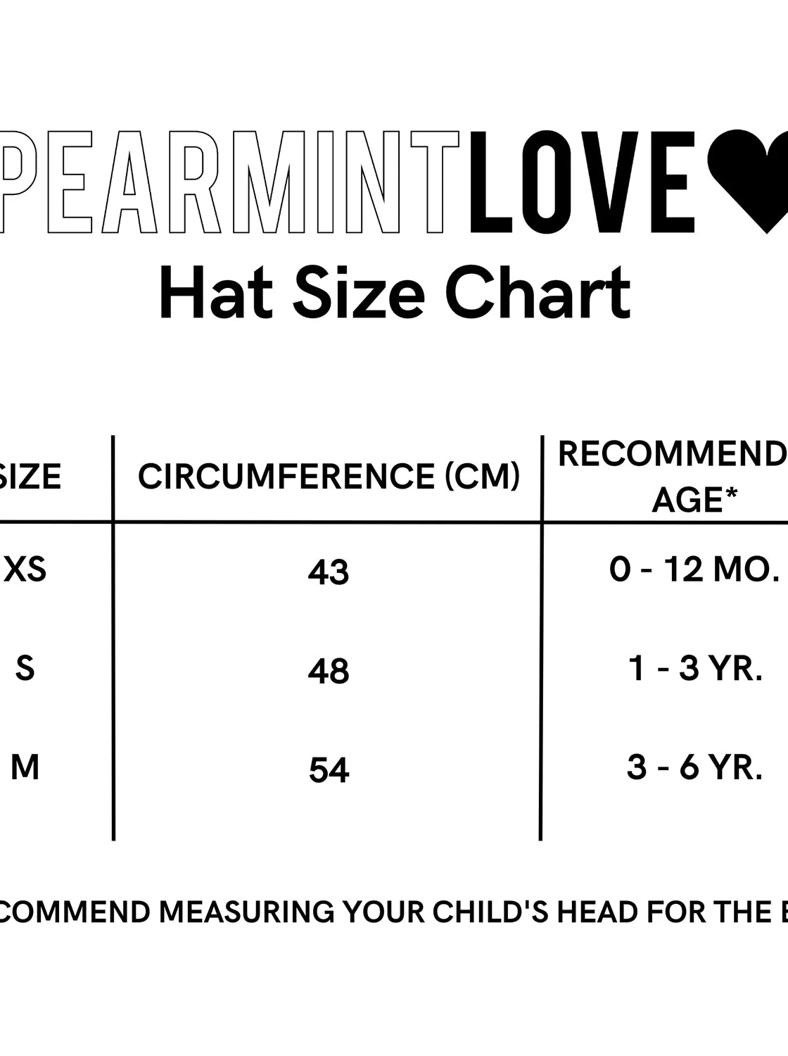SPEARMINTLOVE hat size chart with sizes XS, S, M; head circumferences and recommended ages for children.