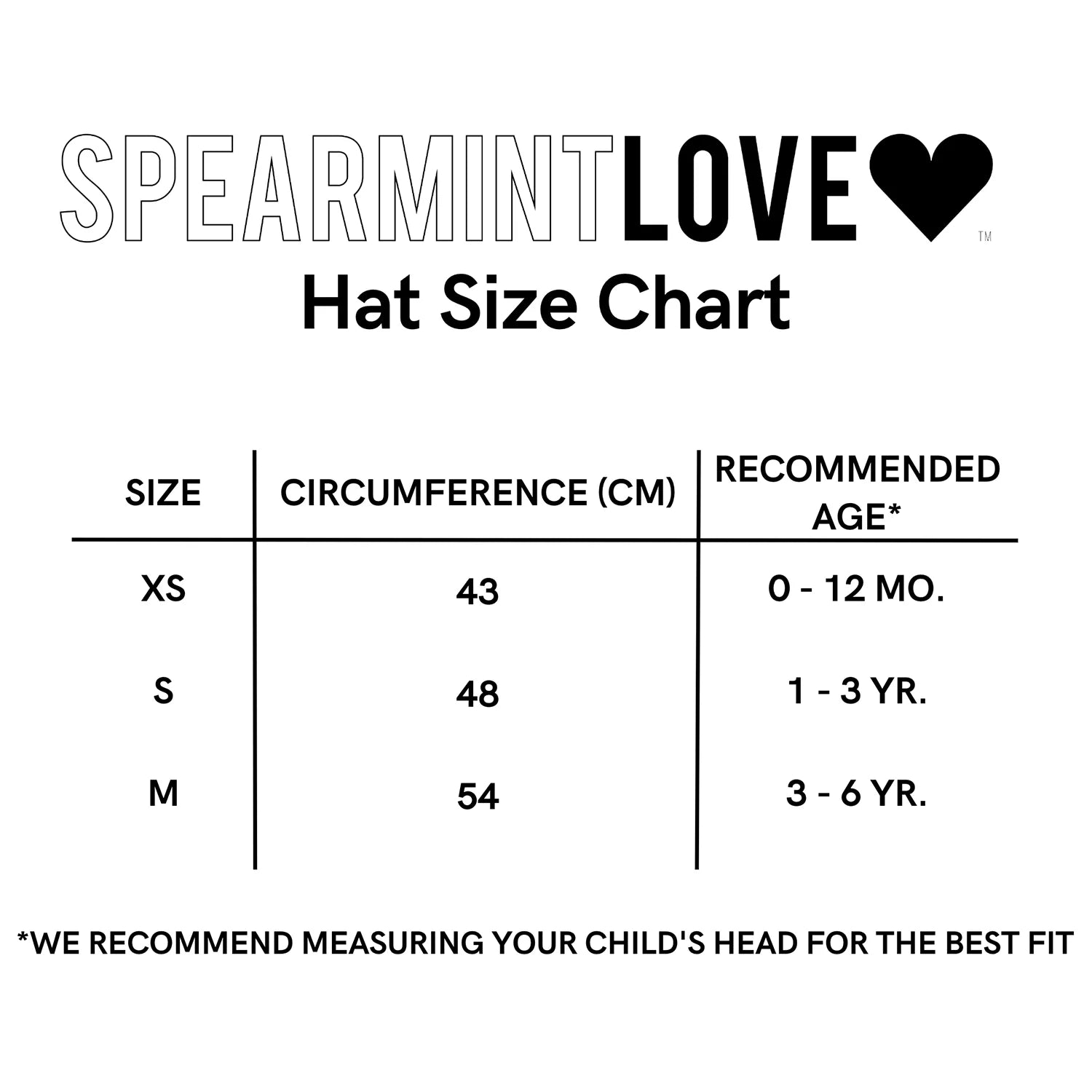 SPEARMINTLOVE hat size chart with sizes XS, S, M; head circumferences and recommended ages for children.