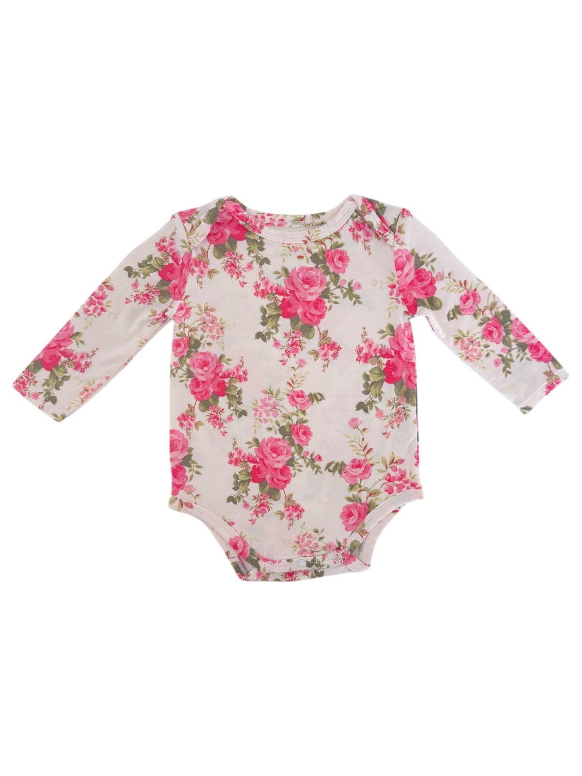 Floral long-sleeve baby onesie featuring pink roses on a light background. Perfect for stylish infant outfits.