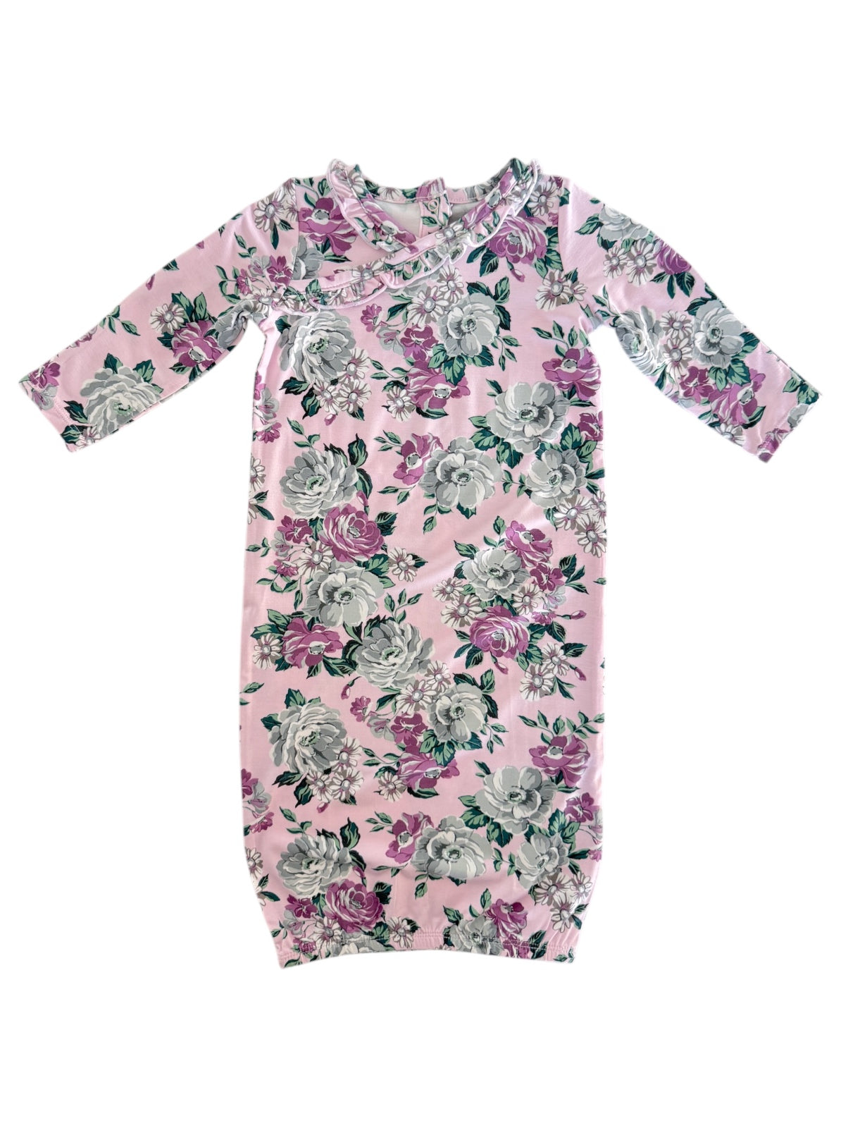 Floral-print dress in pink with three-quarter sleeves and ruffled neckline, featuring gray and purple flowers.