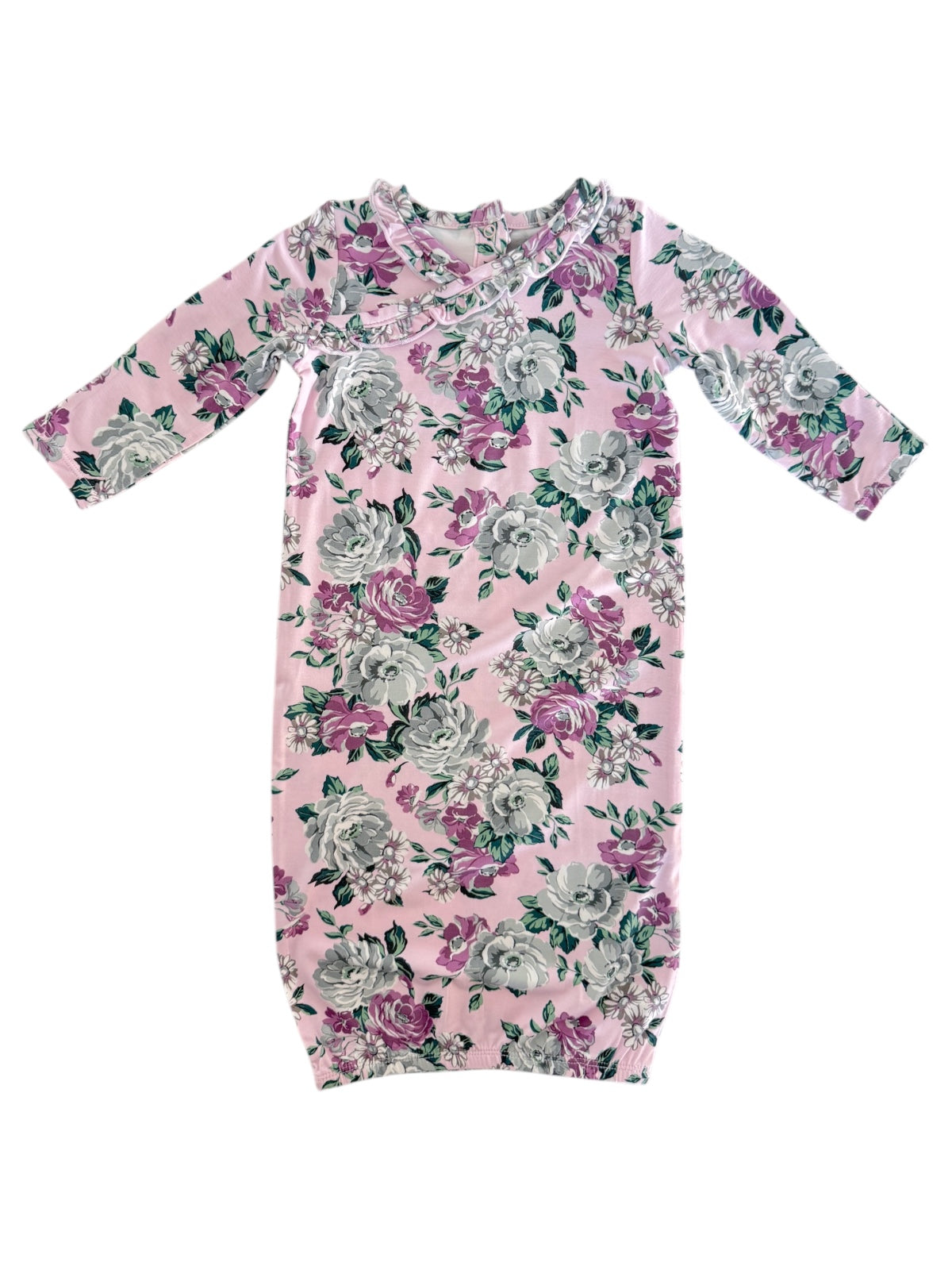 Floral-print dress in pink with three-quarter sleeves and ruffled neckline, featuring gray and purple flowers.