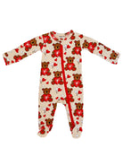 Cream onesie with teddy bears and hearts, featuring long sleeves and a front zipper. Ideal for infants.