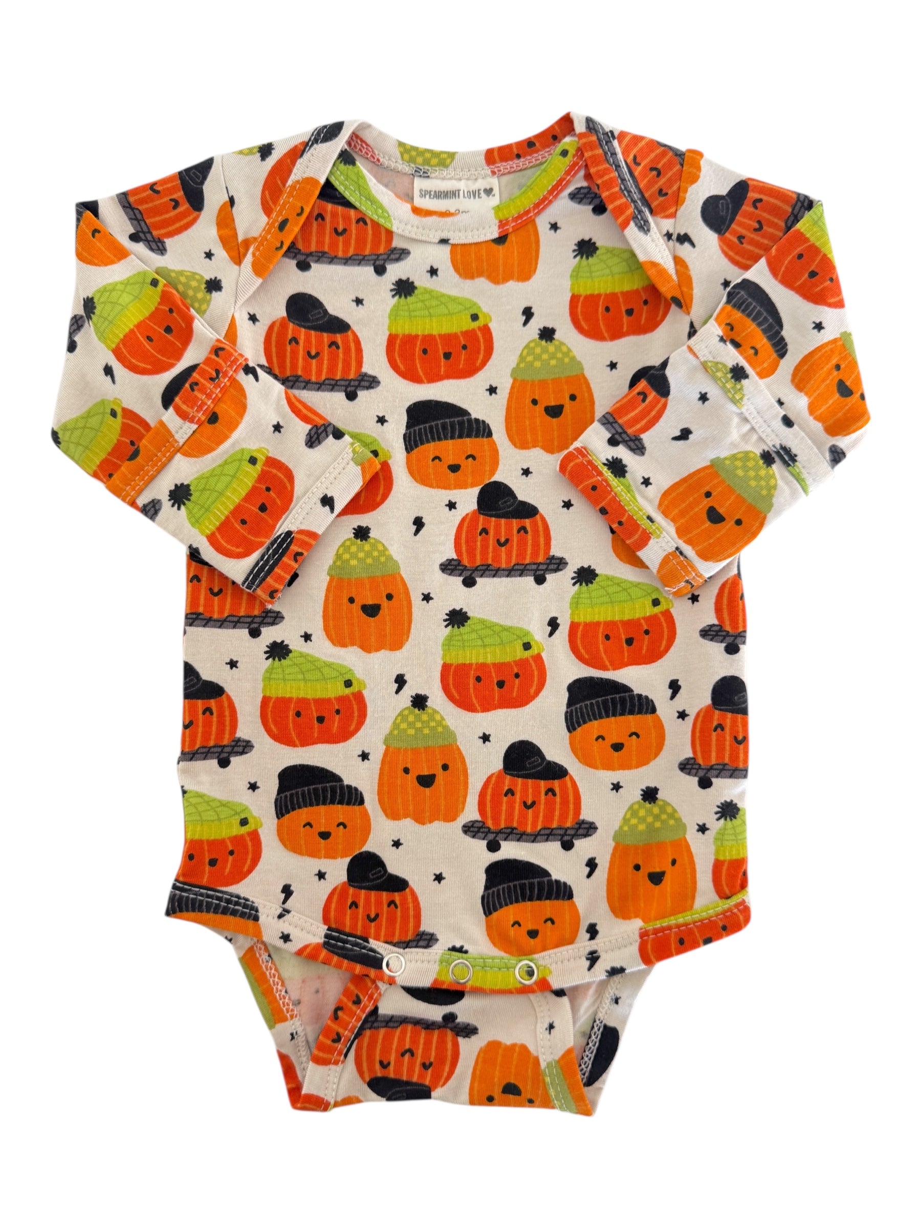 Infant long-sleeve bodysuit featuring cheerful, cartoon-style pumpkins in vibrant colors. Perfect for fall.