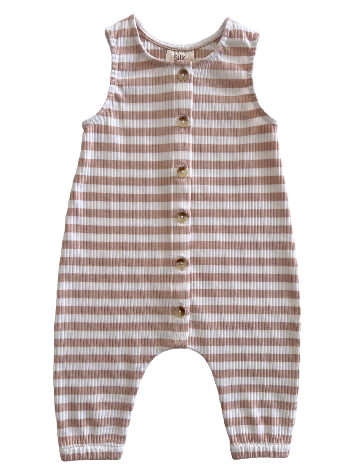 Light pink and white striped infant romper with buttons down the front. Soft fabric and sleeveless design.
