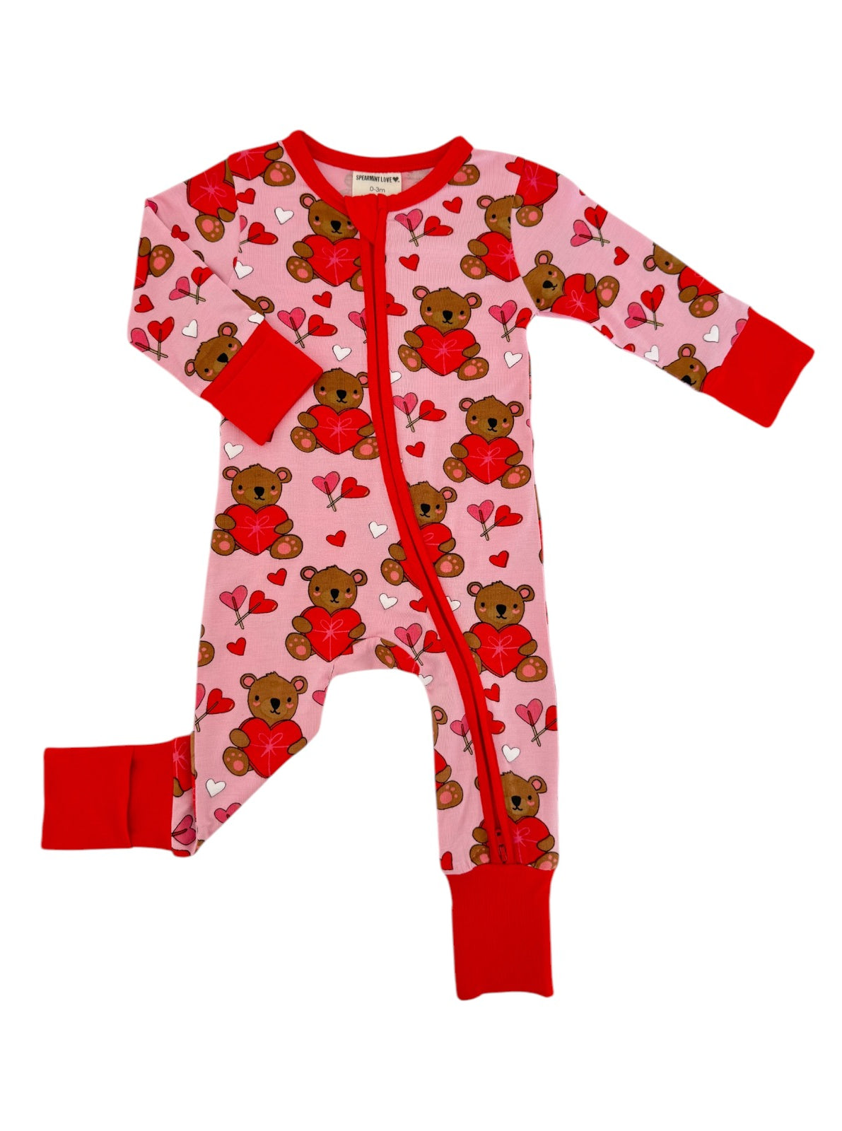 Pink baby onesie with teddy bears and hearts, red trim, ideal for infants and toddlers.