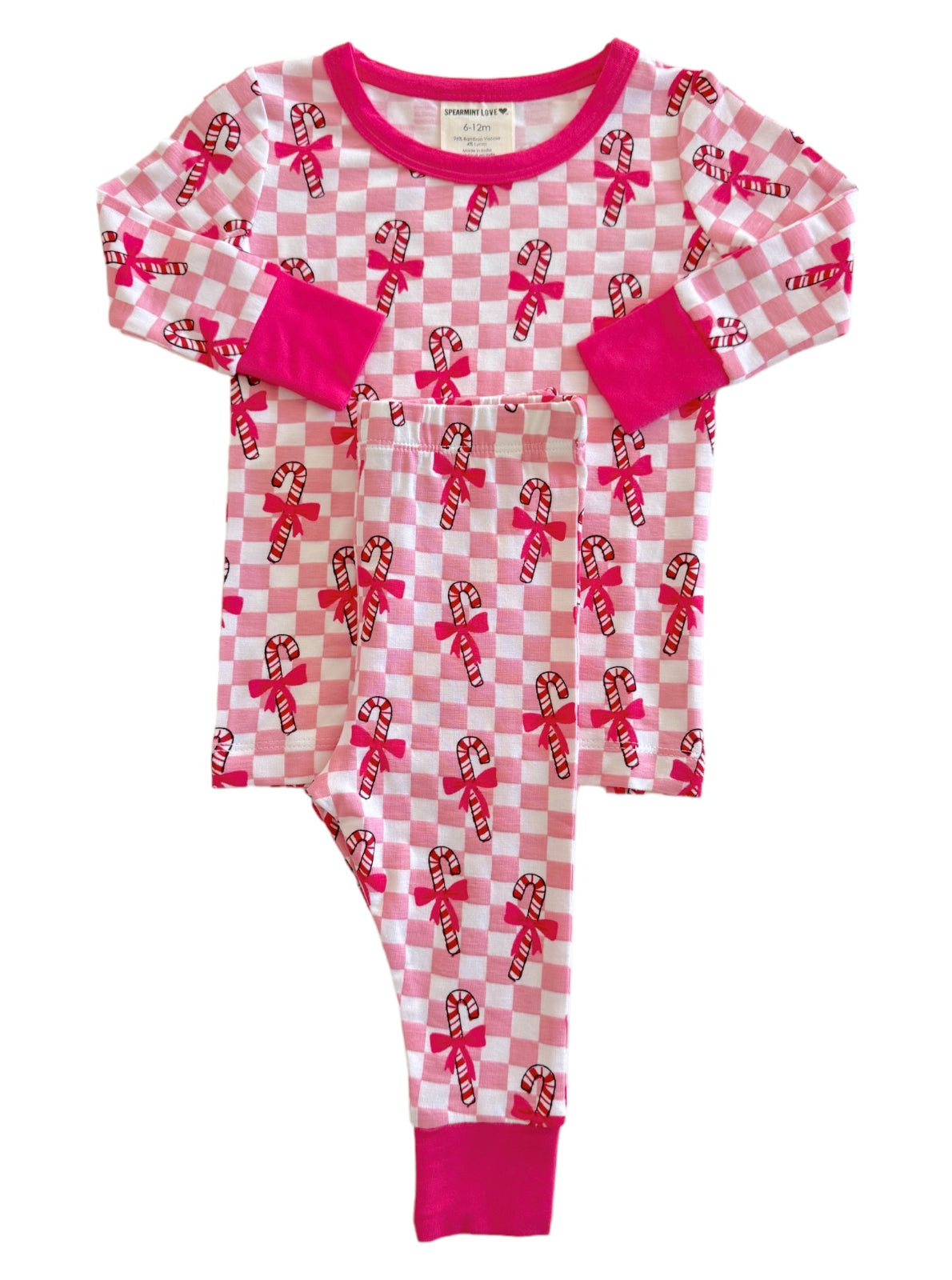Candy cane patterned pink pajamas for infants, featuring a checked design and long sleeves.