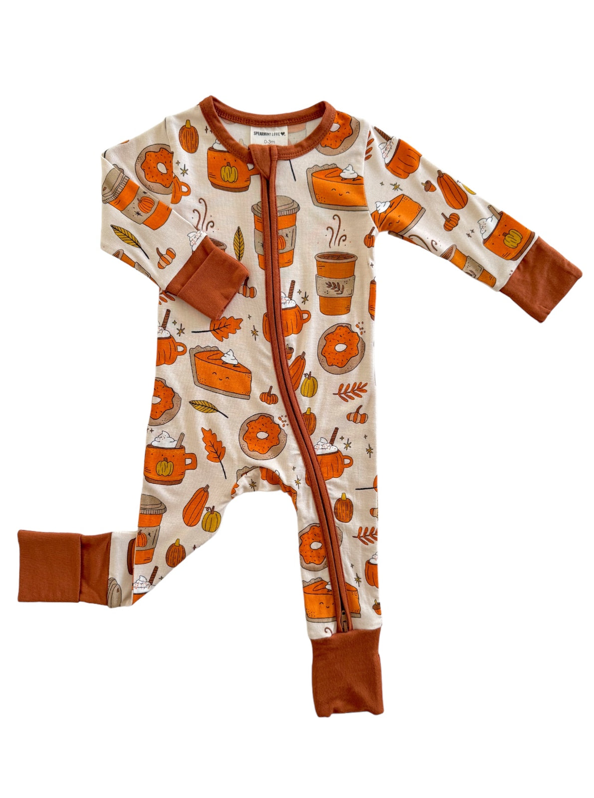Fall-themed baby onesie featuring pumpkins, drinks, and fall leaves in warm colors. Zippered front and long sleeves.