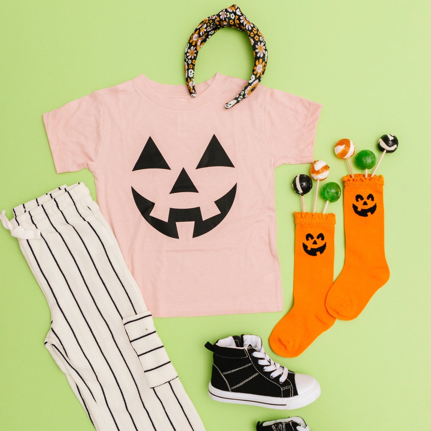 Kid's Graphic Short Sleeve Tee, Jack O Lantern Face / Pink