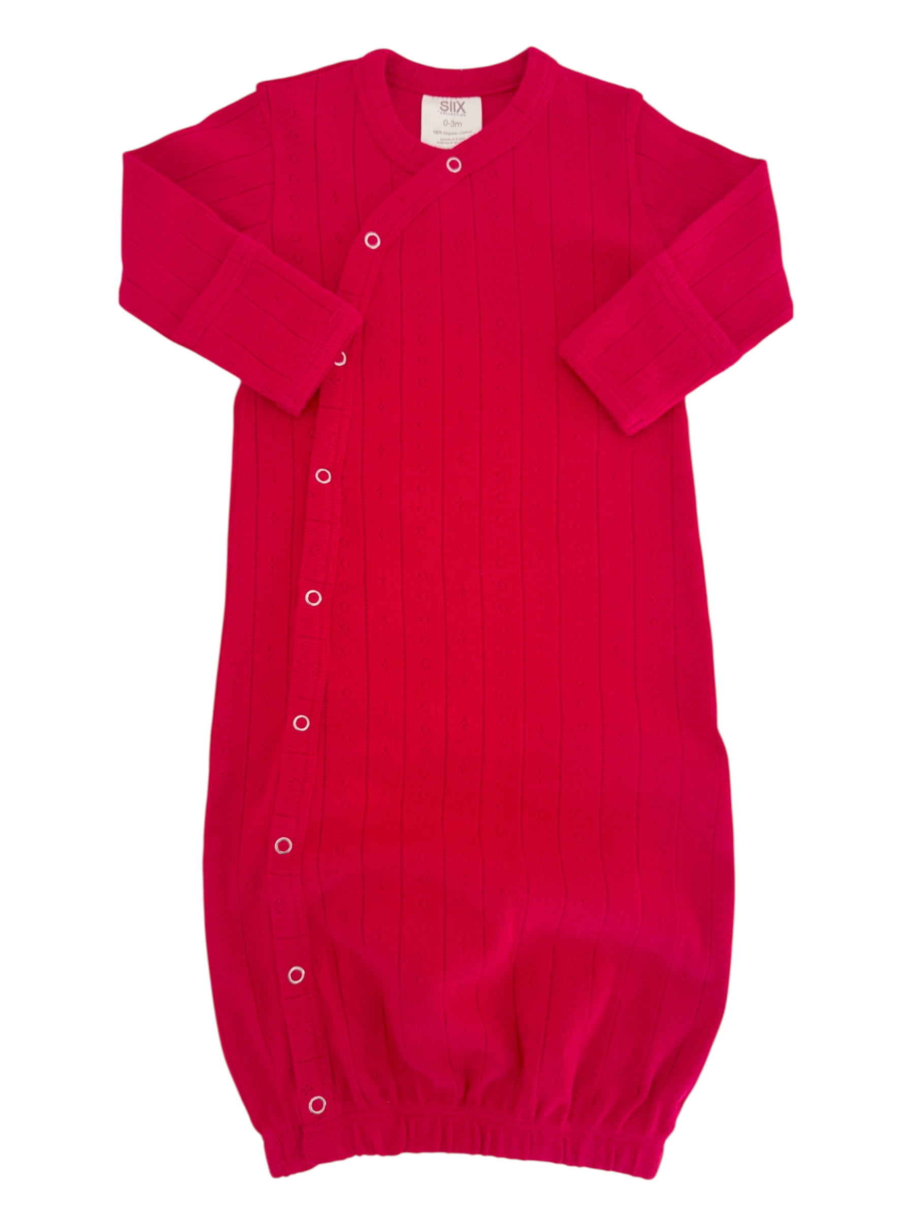 Bright pink baby sleeping gown with long sleeves and snap closures. Ideal for comfort and warmth during sleep.