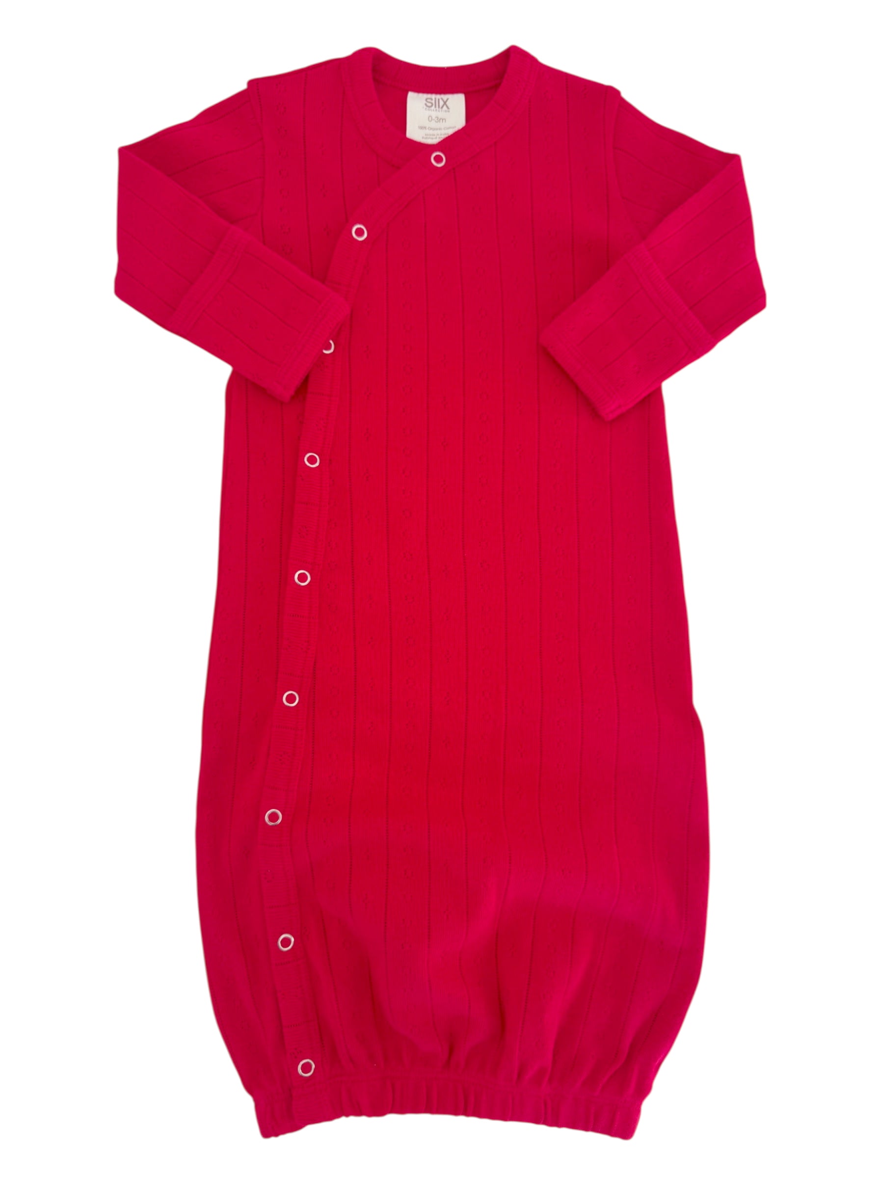 Bright pink baby sleeping gown with long sleeves and snap closures. Ideal for comfort and warmth during sleep.