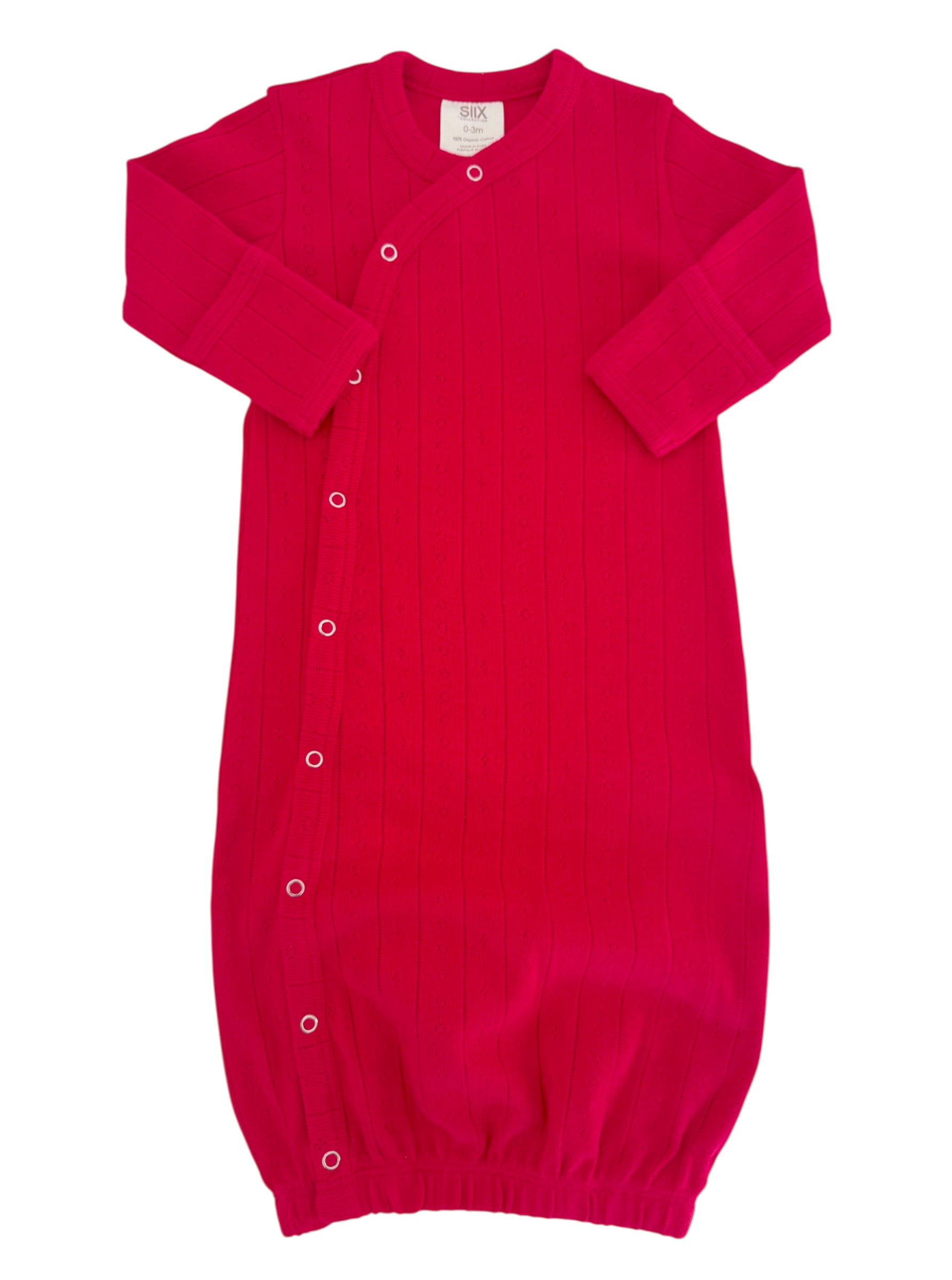 Bright pink baby sleeping gown with long sleeves and snap closures. Ideal for comfort and warmth during sleep.
