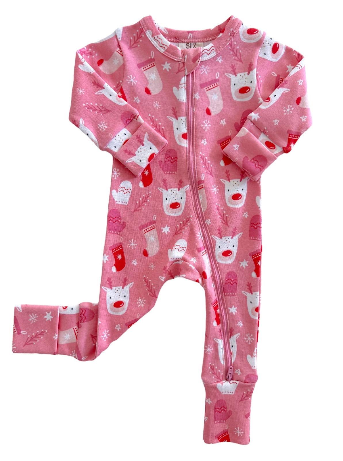 Pink baby onesie with cartoon reindeer and holiday motifs, featuring front zipper and long sleeves.