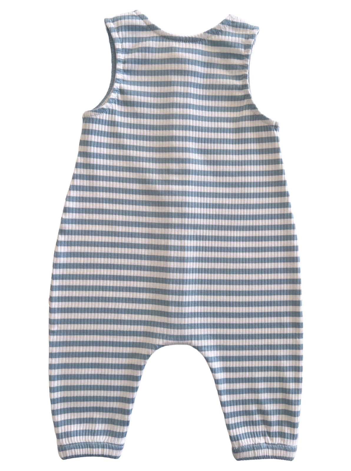 Blue and white striped sleeveless baby romper, featuring a loose fit and elastic ankle cuffs.