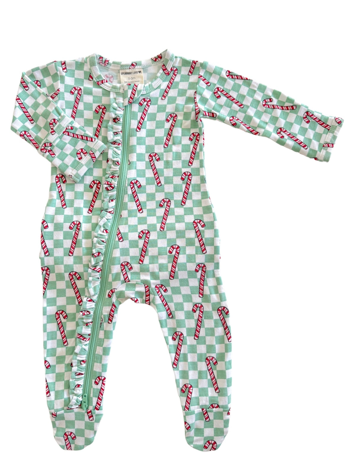 Mint green baby onesie with candy cane pattern and ruffled zipper front, perfect for holidays or cozy wear.
