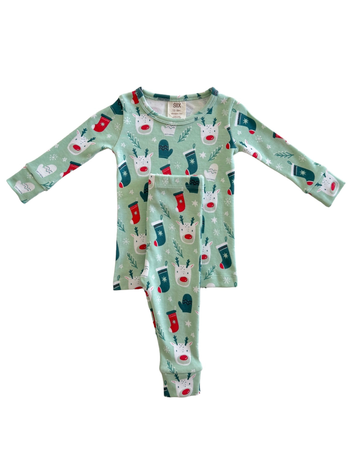 Green holiday pajama set featuring reindeer and mittens patterns, suitable for kids.