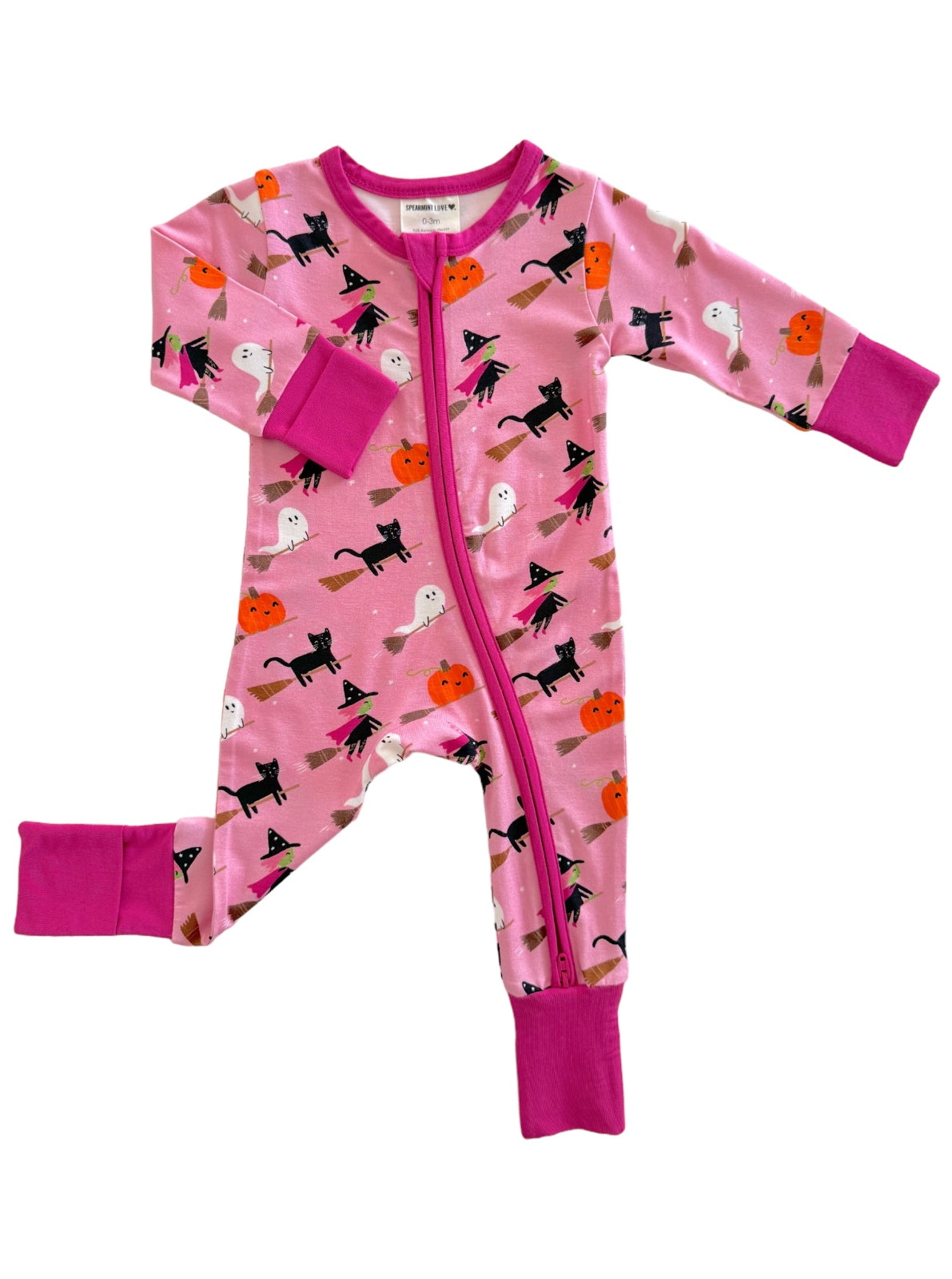 Pink Halloween-themed pajamas with ghosts, pumpkins, and black cats, featuring a zip-up front and long sleeves.