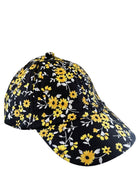 Black baseball cap with yellow and white floral pattern, angled view.