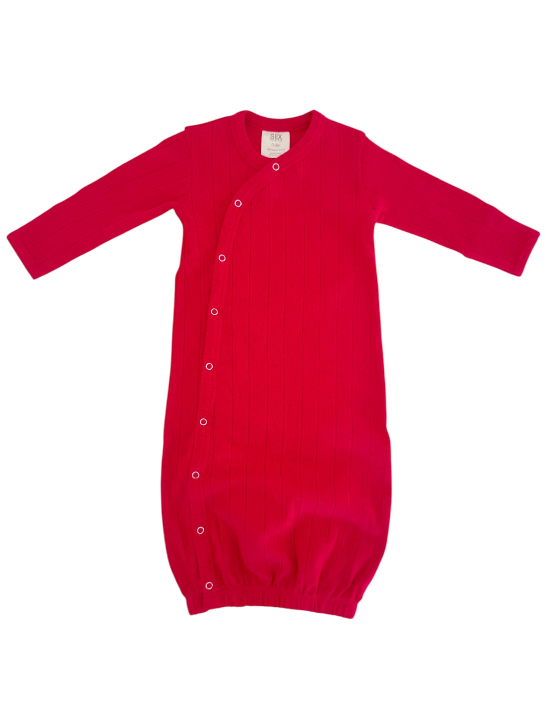 Red ribbed baby gown with long sleeves and snap buttons along the side for easy dressing and comfort.