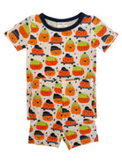 Children's Halloween-themed pajamas featuring smiling pumpkins in various colors and styles.