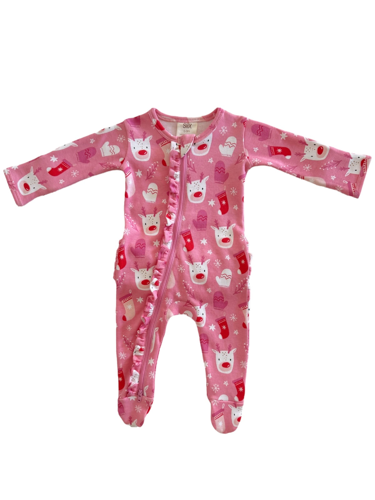 Pink infant onesie with reindeer and holiday motifs, featuring a front zipper and ruffled edges.