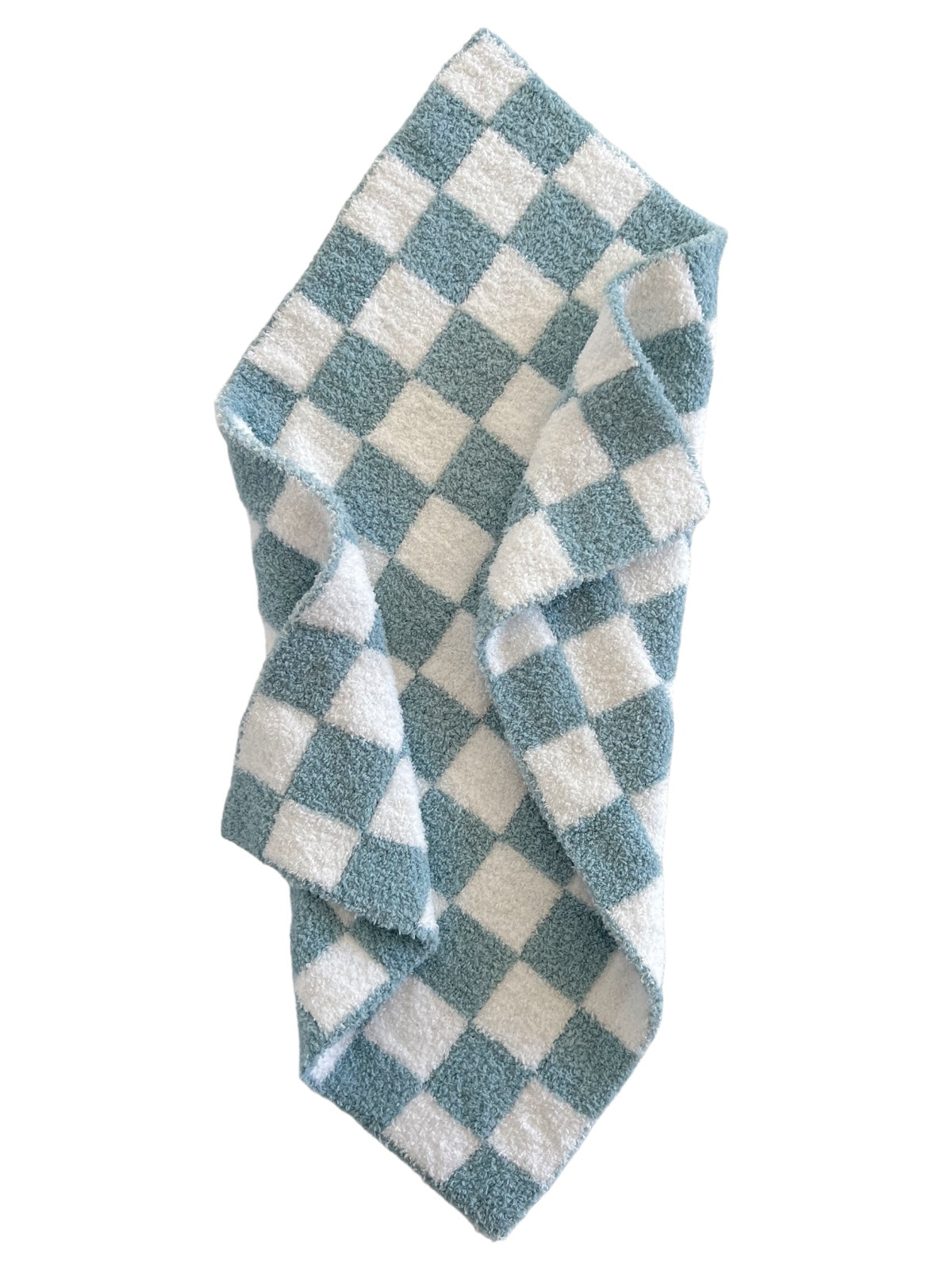 Blue and white checkered patterned towel draped casually. Perfect for kitchen or bathroom use.