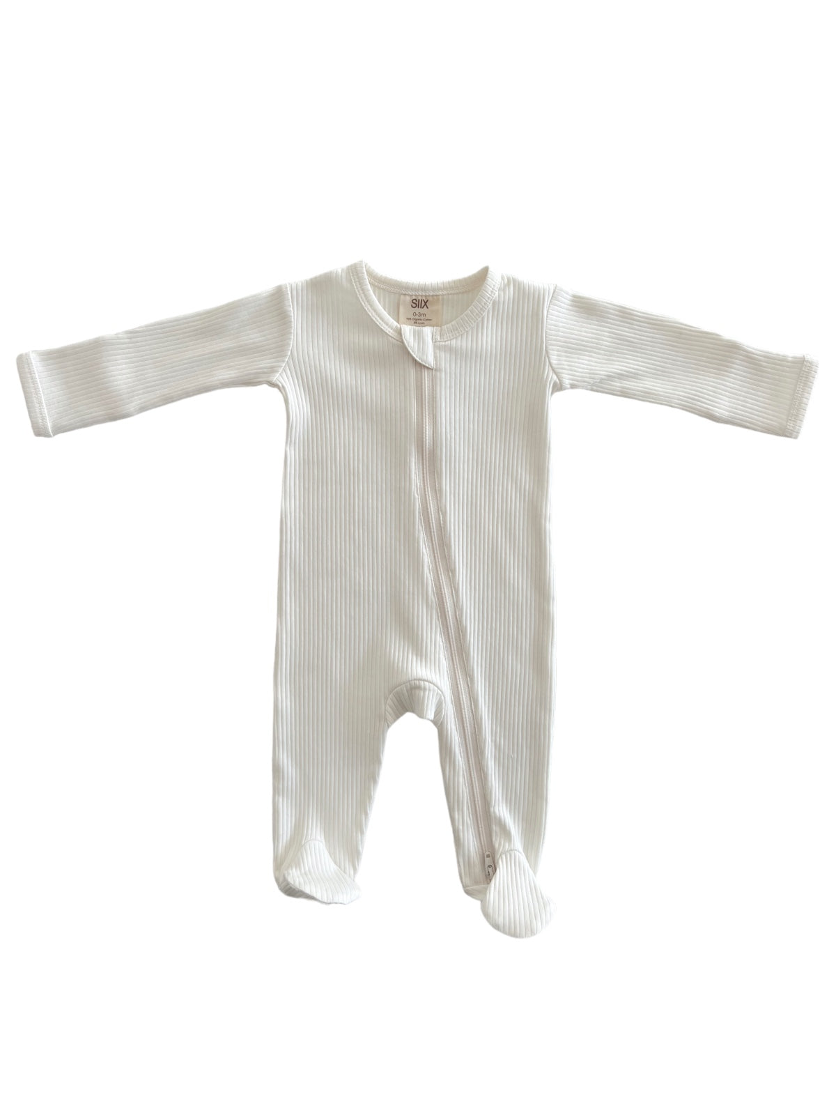 White ribbed infant onesie with long sleeves and zipper closure.