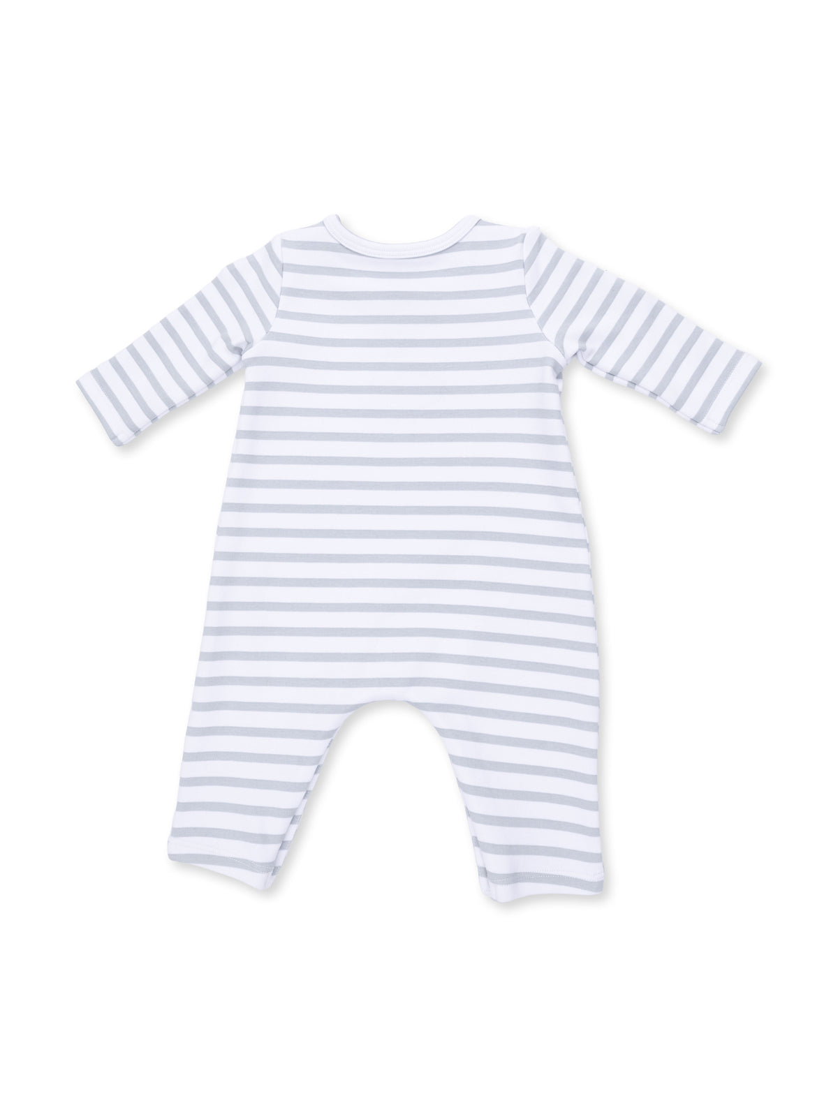 White and gray striped baby romper with long sleeves and a round neckline, viewed from the back.