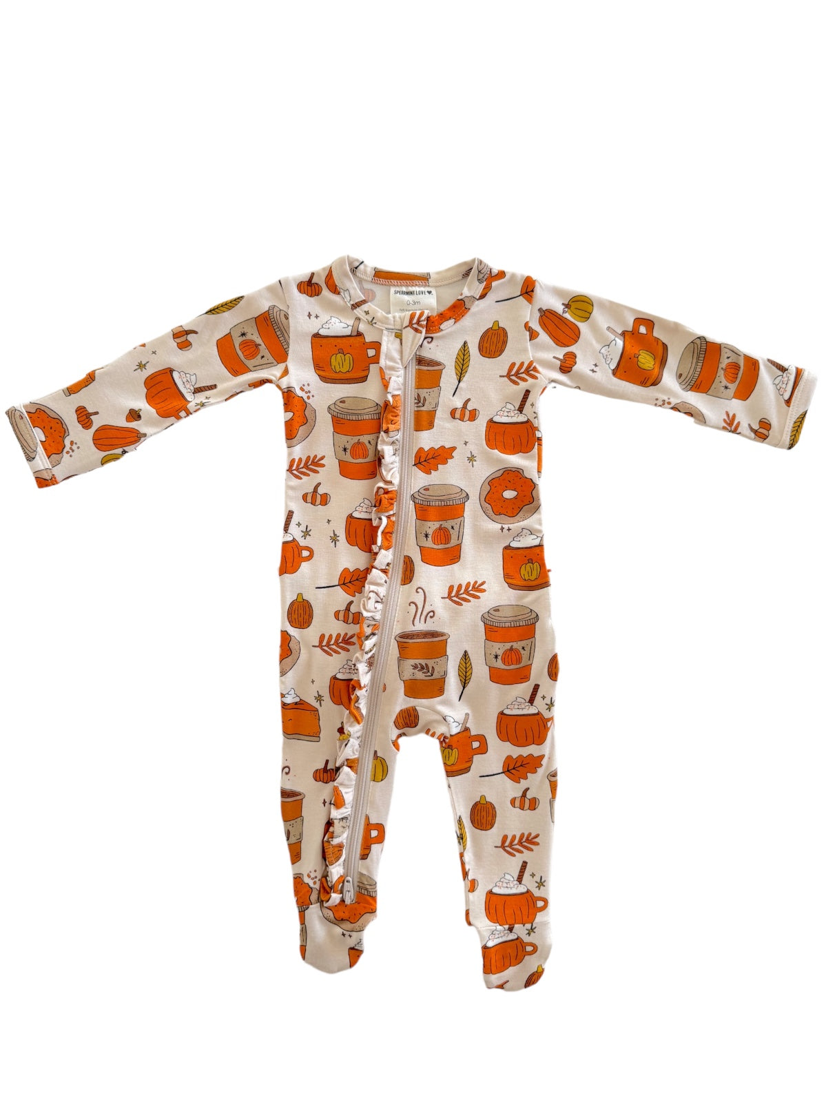 Infant onesie with seasonal pumpkin and coffee cup designs in orange and white. Ideal for fall fashion.