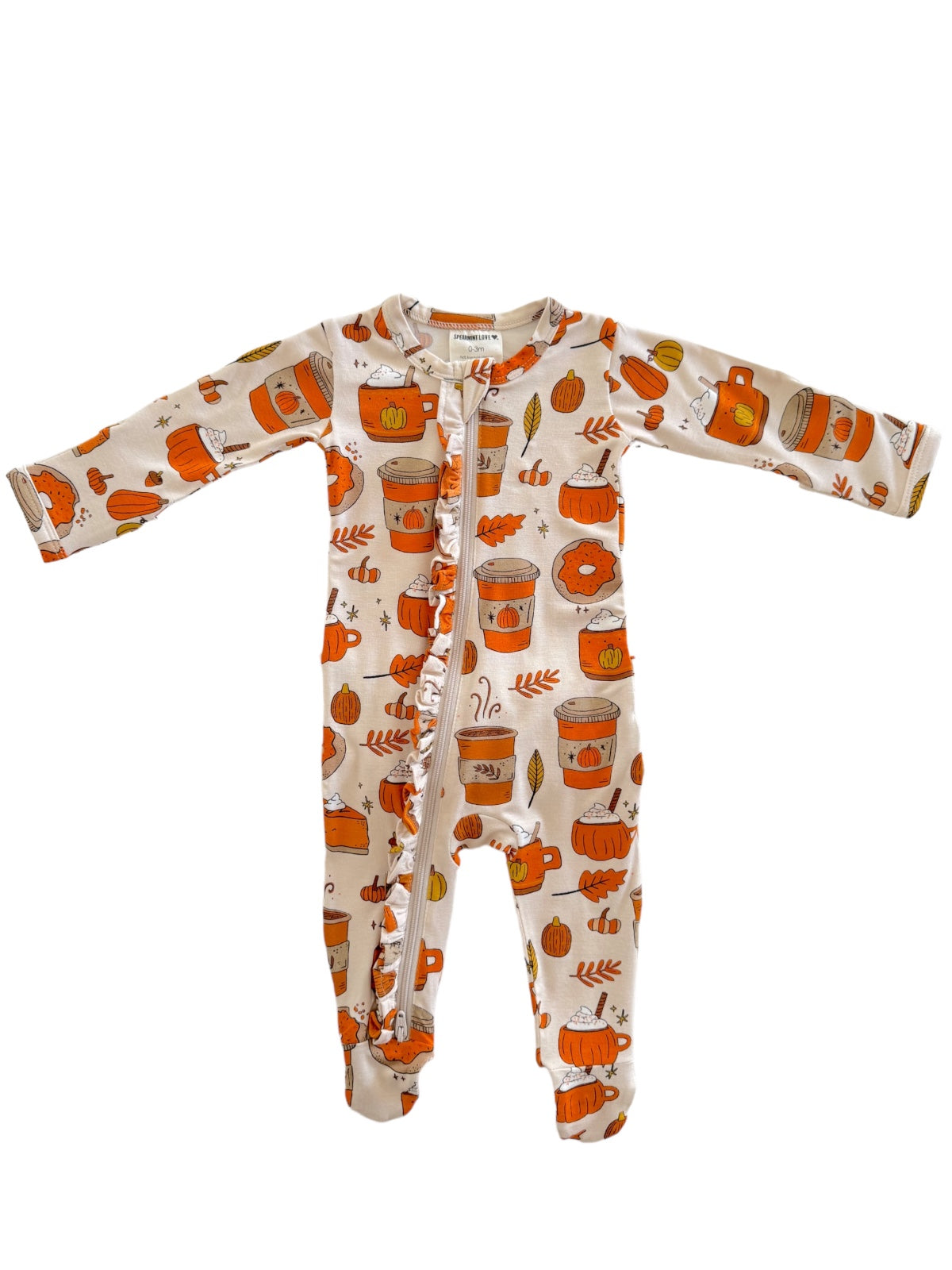 Infant onesie with seasonal pumpkin and coffee cup designs in orange and white. Ideal for fall fashion.