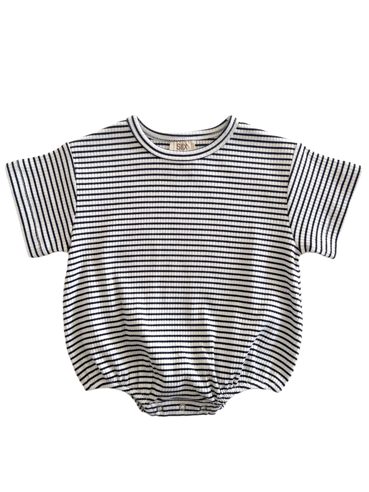 Striped baby bodysuit in black and white, featuring a round neckline and short sleeves.