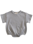 Striped baby bodysuit in black and white, featuring a round neckline and short sleeves.