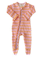 Infant onesie in pink and orange pumpkin pattern, featuring a front zip closure and long sleeves.