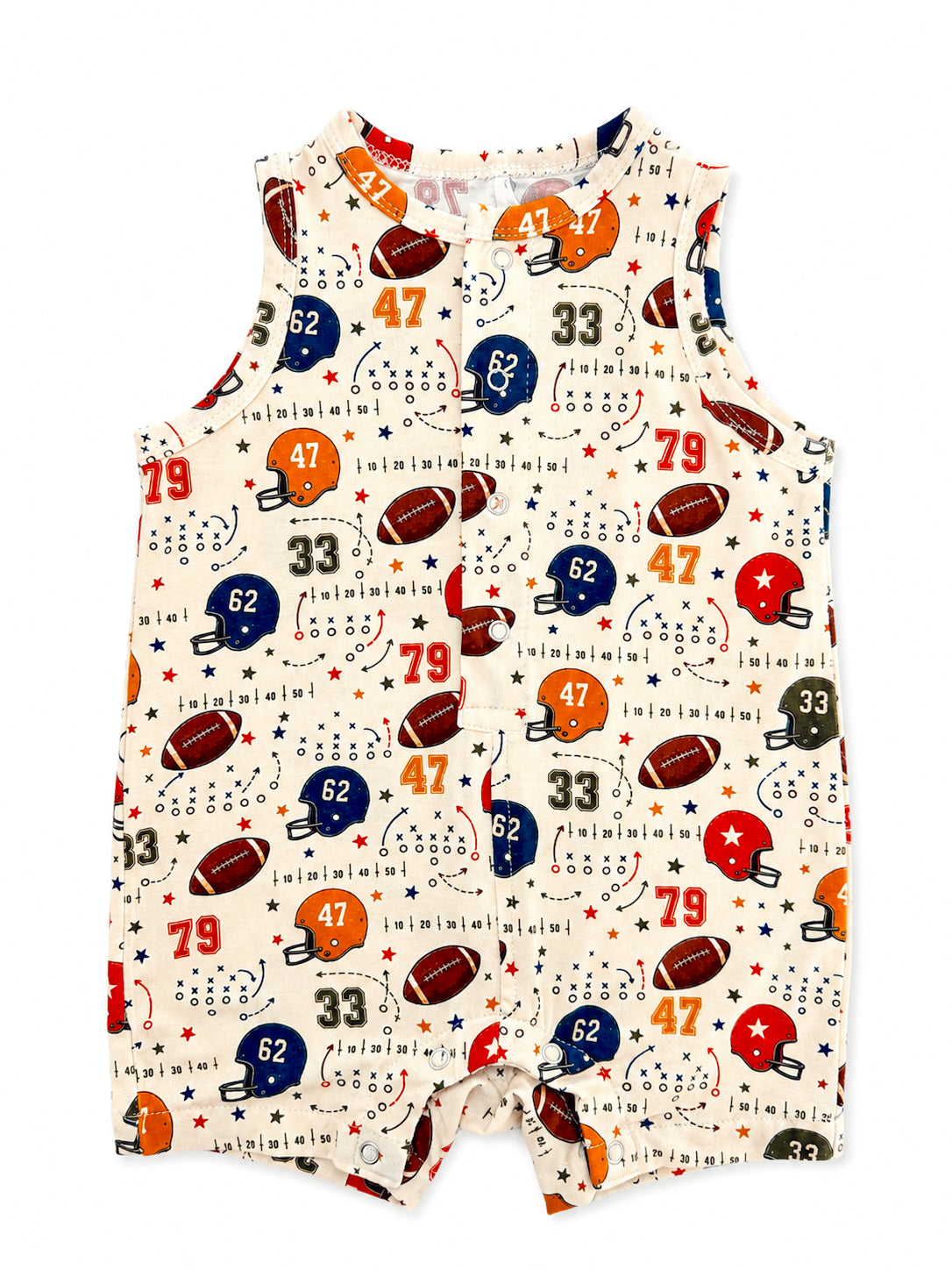Sleeveless baby romper with colorful football and helmet patterns, perfect for young sports fans.