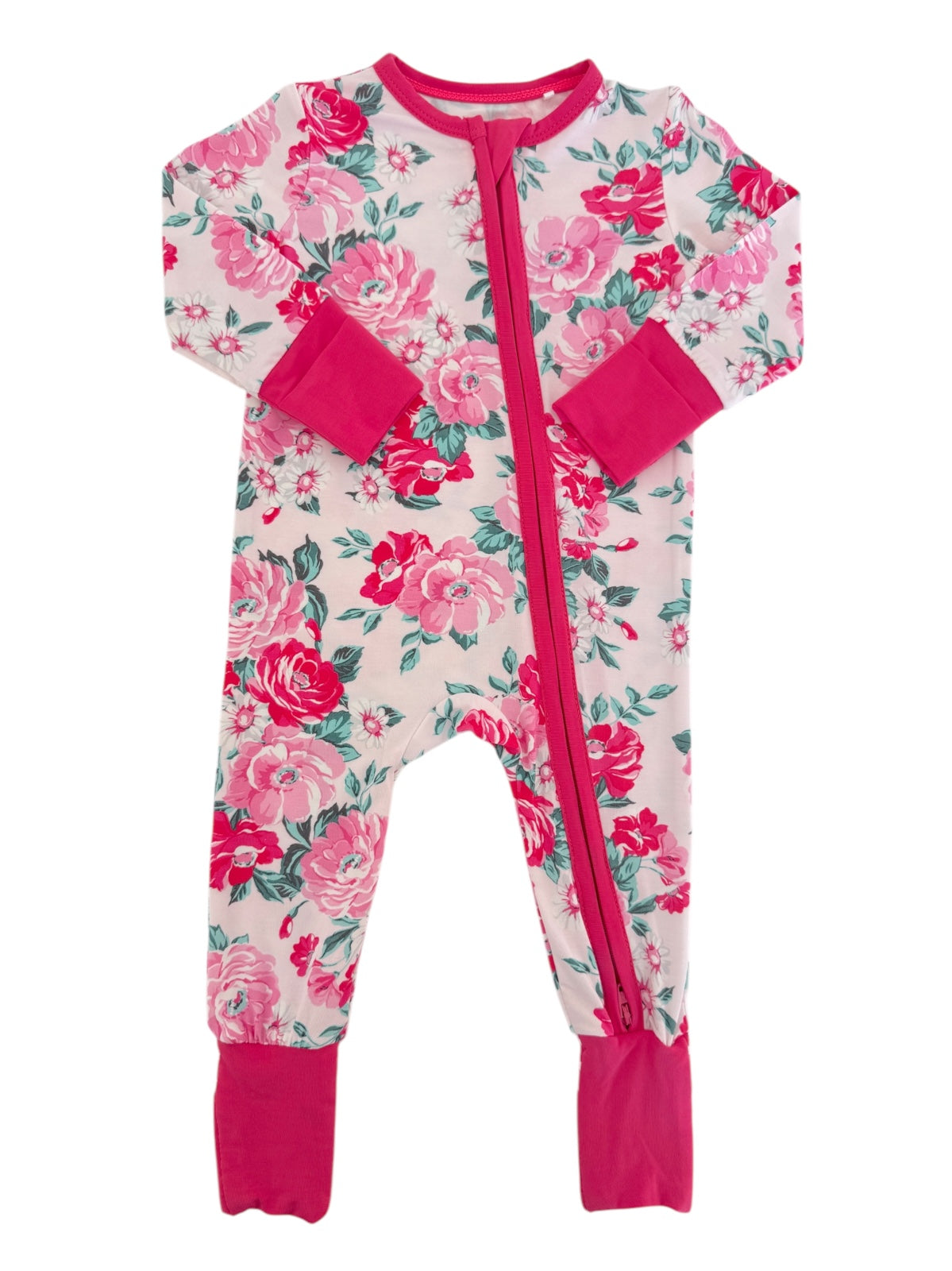 Floral children's pajama onesie with pink accents and zipper closure. Designed for comfort and style.