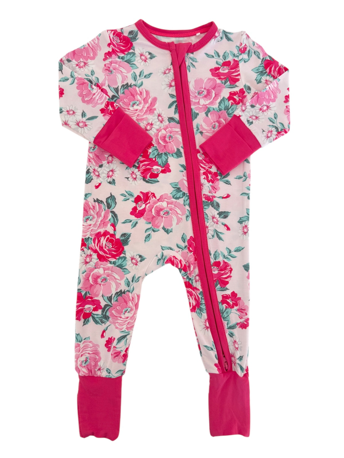 Floral children's pajama onesie with pink accents and zipper closure. Designed for comfort and style.