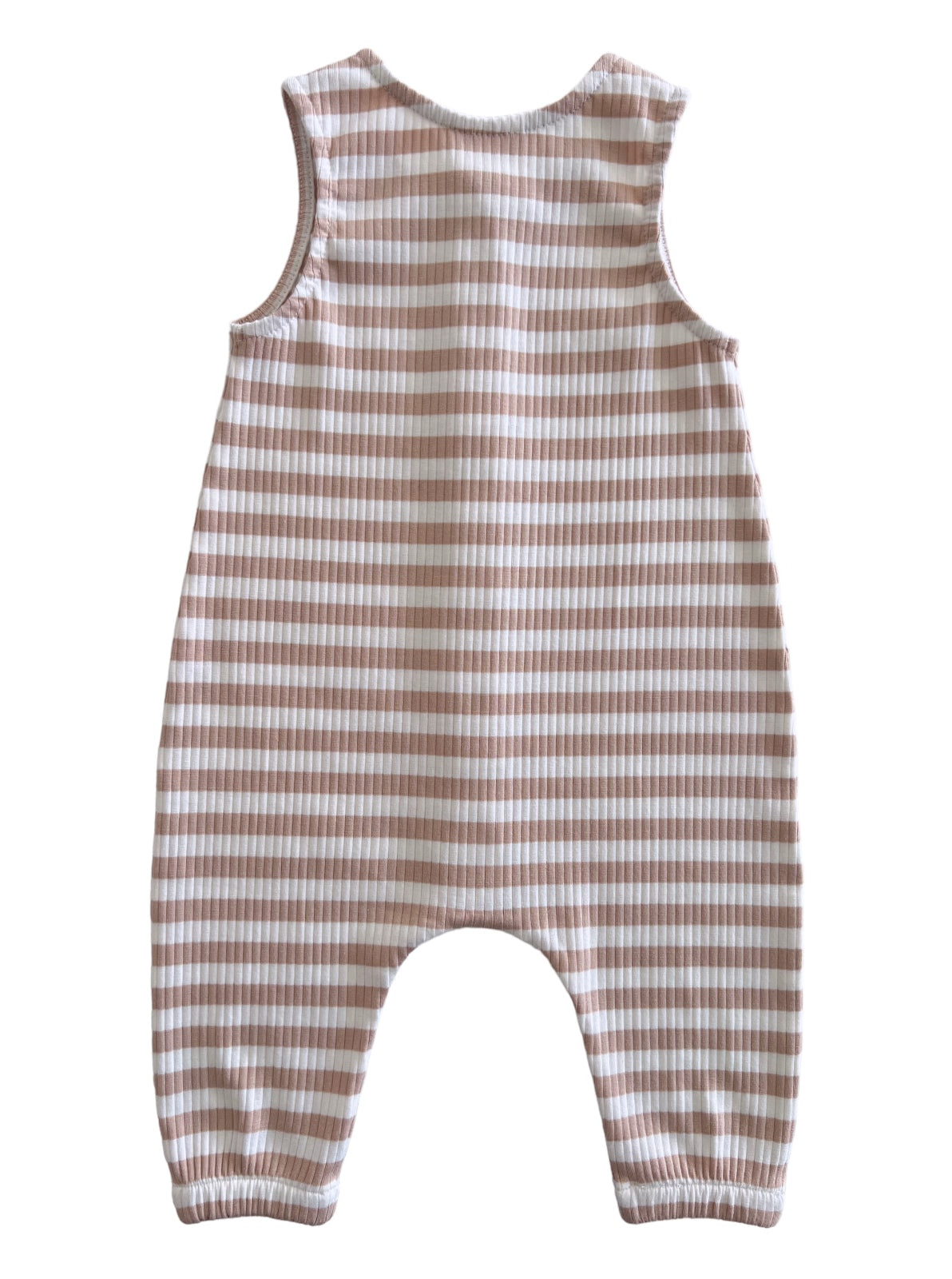 Back view of a striped baby romper in soft beige and white, featuring sleeveless design and elastic cuffs.