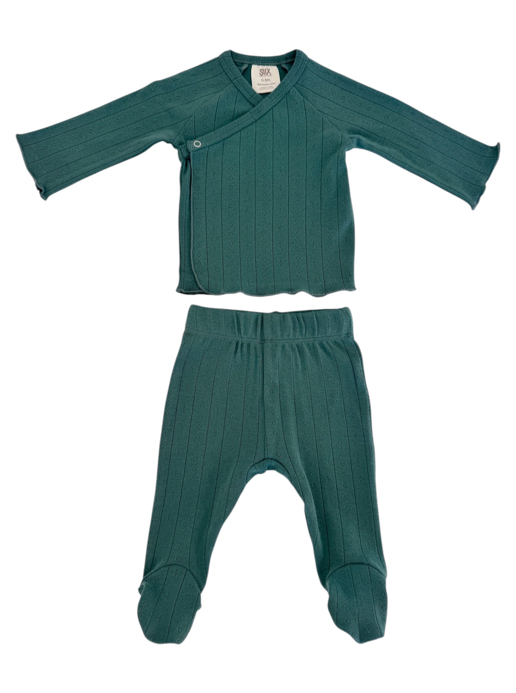 Teal two-piece baby outfit featuring a long-sleeve wrap top and matching pants with footed design.